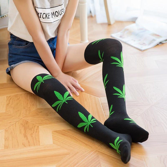 Weed Print Spandex Long Loose Knee High Socks