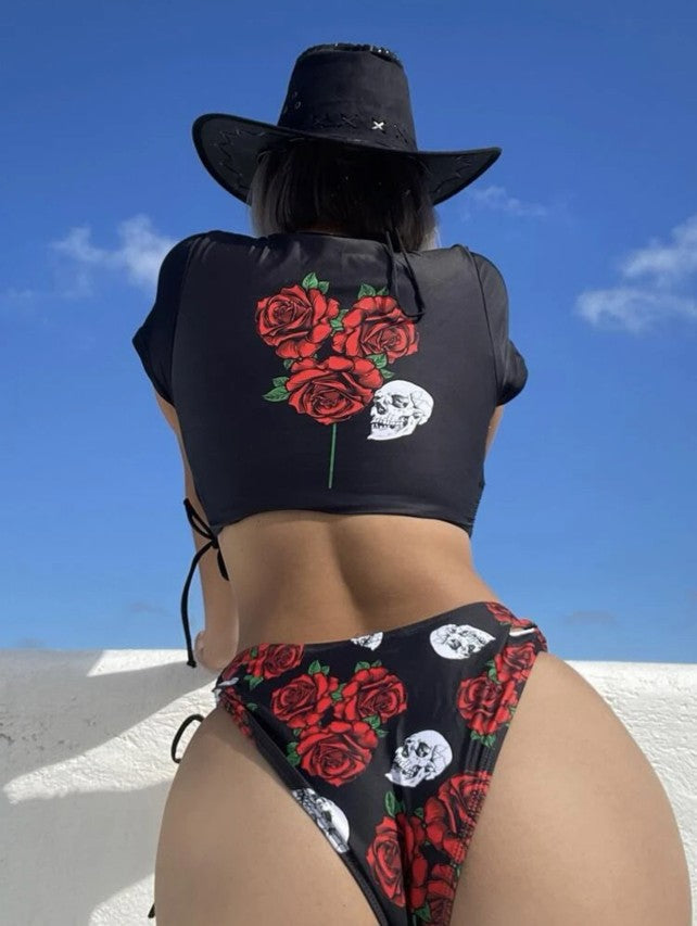 Rose Print Short Sleeve Bikini