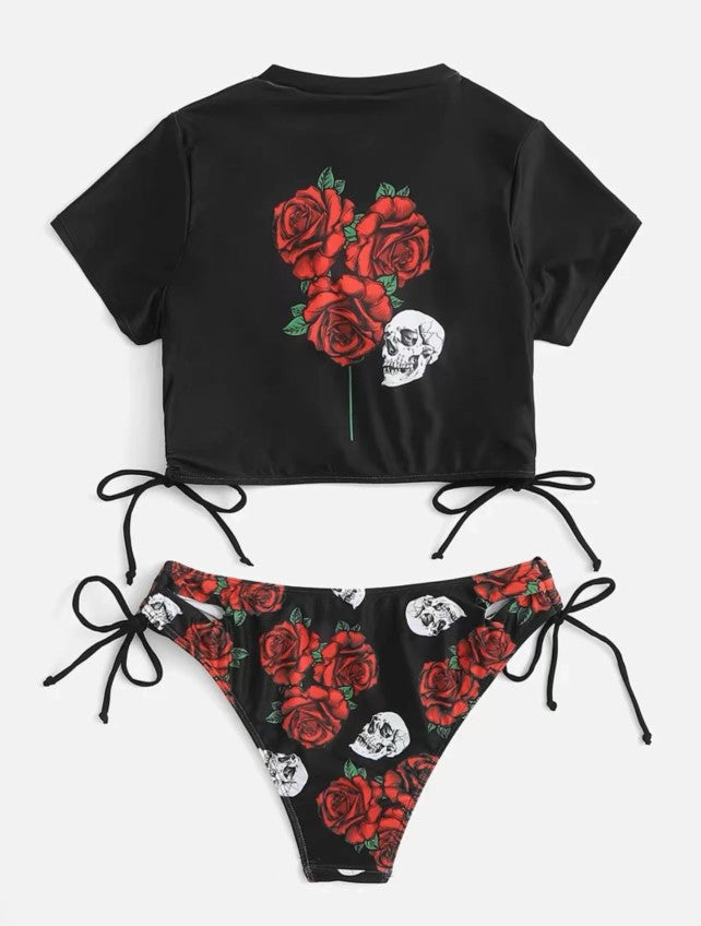Rose Print Short Sleeve Bikini