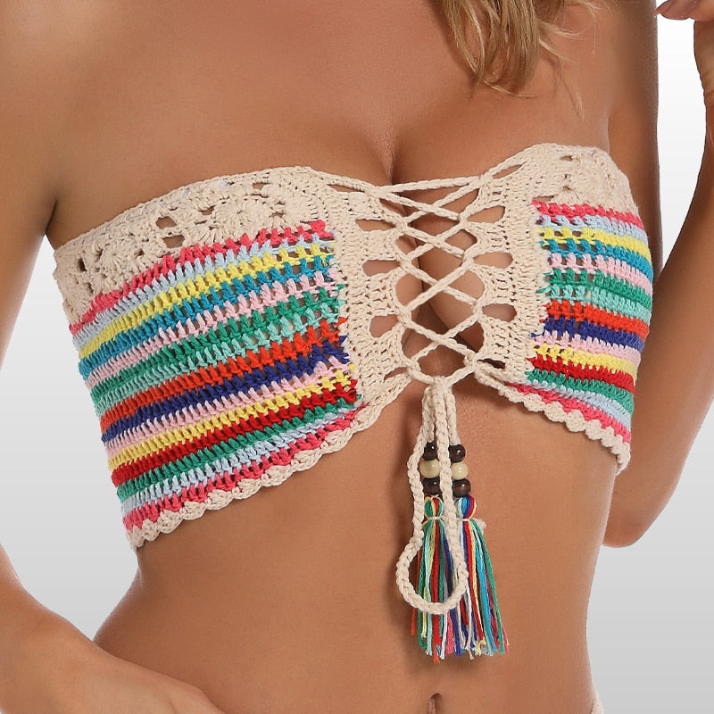 Rainbow Tube Bikini Crochet Lace Top
